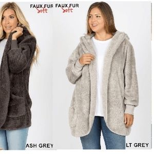 GREY SHERPA PLUS FAUX FUR HOODED CARDIGAN TEDDY JACKETS